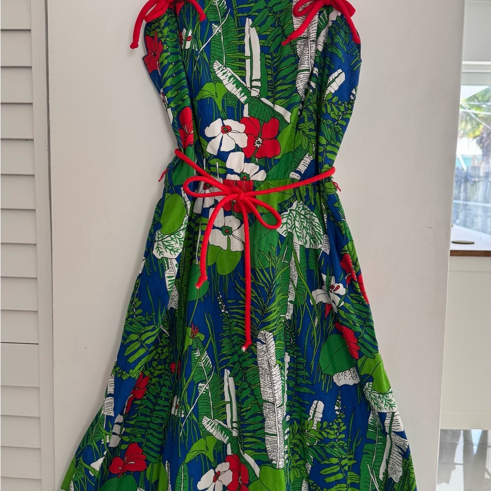 Jenni Vintage 1970s Blue and Green Floral Midi Dress with Red Accents - Picture 2 of 10